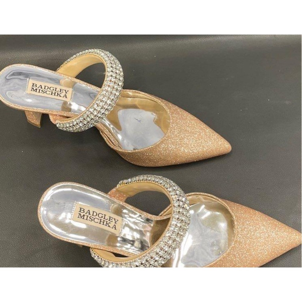 Badgley Mischka Rose Gold Glitter Pointed Toe Mules Heels Shoes Size‎ 8 - Picture 3 of 12